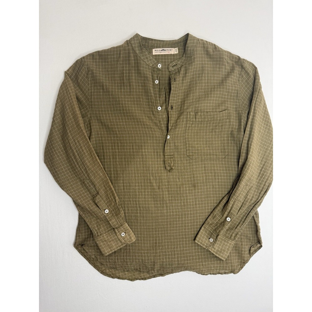 Moismont Green Ripstop Textured Cotton Band Collar Popover Shirt Women S2